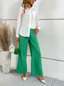 SHEIN Frenchy 淨色口袋貼花襯衫 & 闊腿褲 - 綠色 - 查看 6