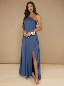 SHEIN Belle 一肩貼花細節開衩大腿伴娘禮服 - 霧霾藍 - 查看 3