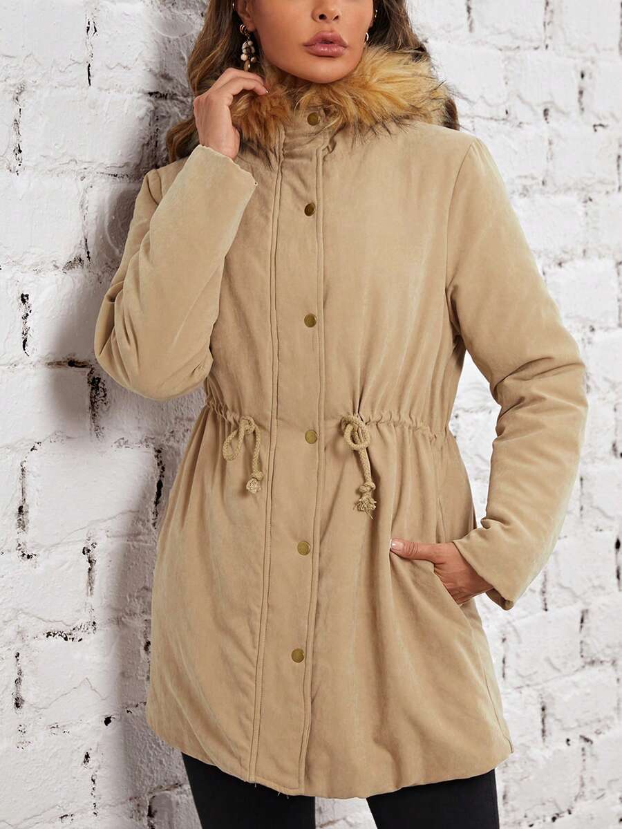 EMERY ROSE Eo dây rút Trang trí Fuzzy áo có mũ Áo khoác Parka - Màu Khaki - Xem 1