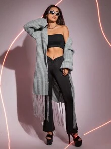 SHEIN ICON Áo len cardigan thiết kế thường ngày viền tua rua - Màu xám đen - Xem 3