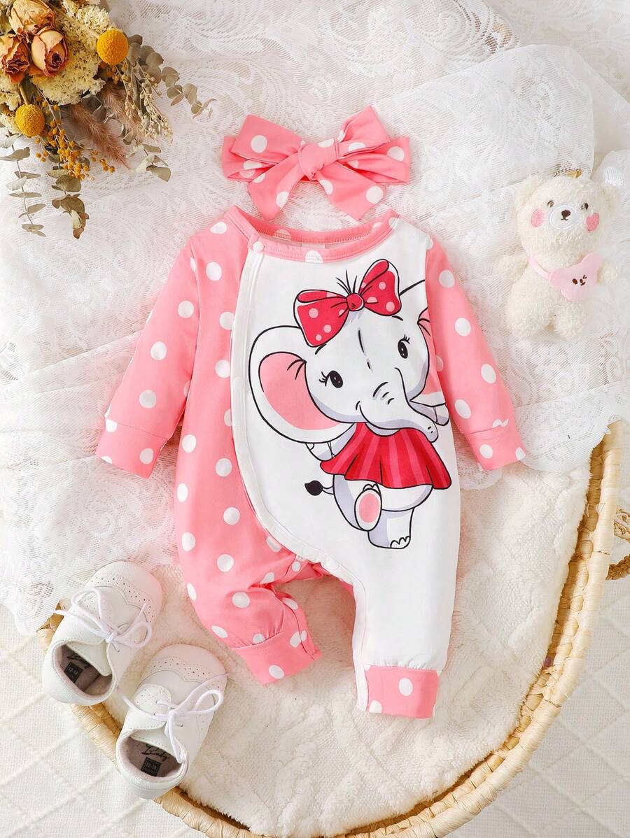 SHEIN 女嬰波卡圓點和卡通圖案連身褲和頭巾 - 粉色 - 查看 1
