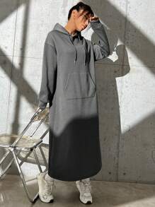 SHEIN EZwear 秋冬款口袋落肩抽绳连帽连衣裙 - 深灰色 - 查看 5