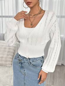 SHEIN Privé Pointelle Knit Drop Shoulder Duster Cardigan Without Cami Top - White - View 5