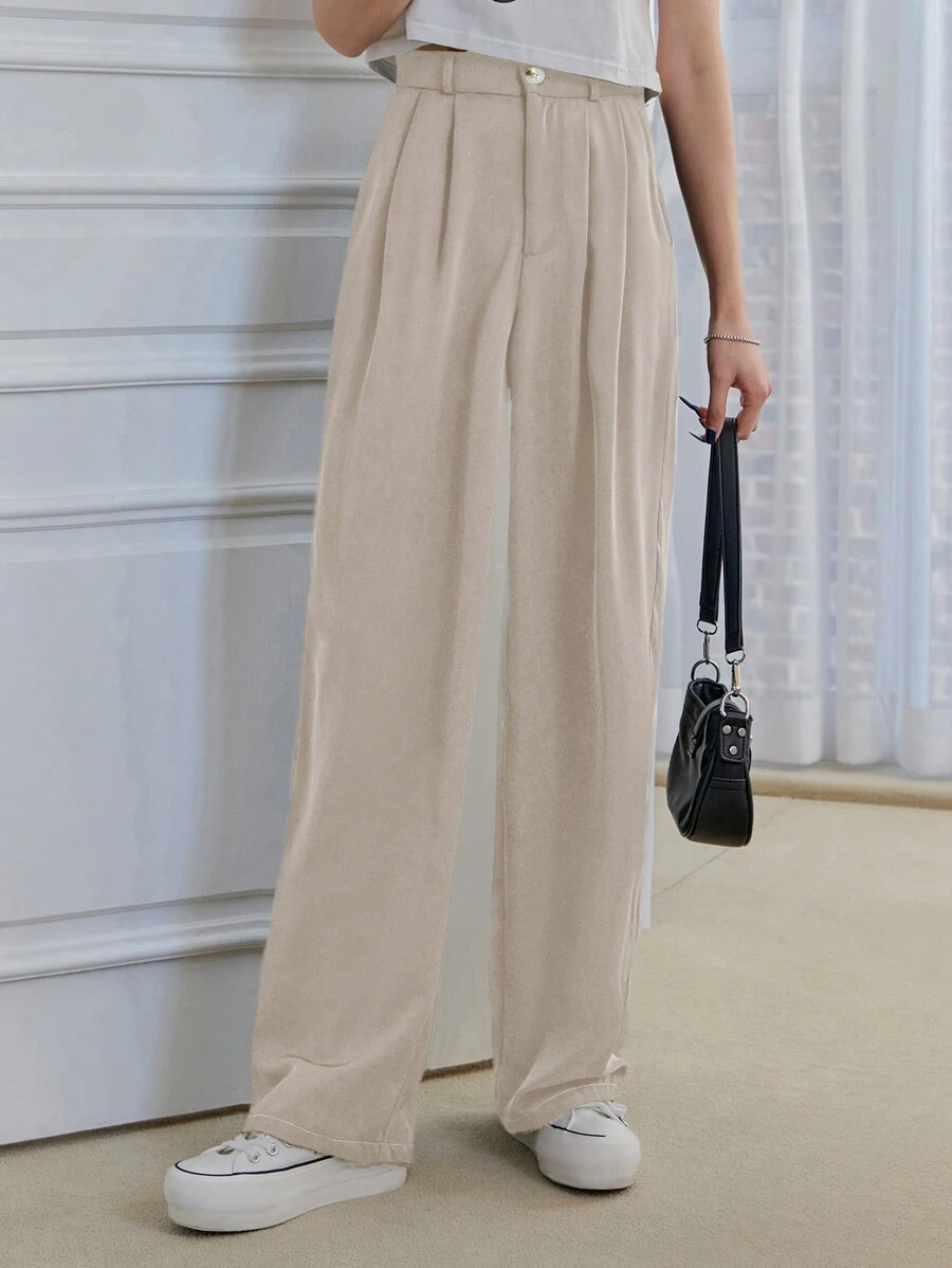 DAZY High Waist Plicated Detail Trousers - Apricot - View 1