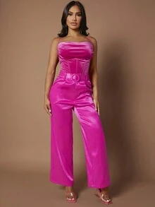 SHEIN SXY 高腰腰帶闊腿褲 - 玫紅色 - 查看 3