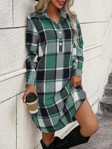 SHEIN LUNE Plaid Print Half Button Shirt Dress - Green - View 5