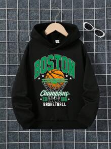 SHEIN 青少年男孩篮球字母图案卫衣 - 黑色 - 查看 1