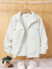 SHEIN 男大童1入組雙口袋拉鍊花呢外套 - 米色 - 查看 1