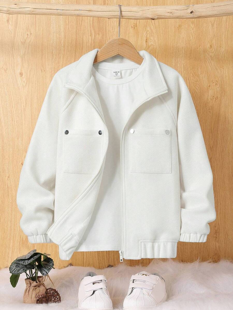 SHEIN 男大童1入組雙口袋拉鍊花呢外套 - 米色 - 查看 1