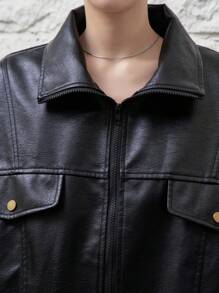 DAZY Flap Pocket Drop Shoulder PU Leather Jacket Winter - Black - View 7