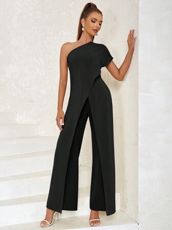 One Shoulder Wrap Hem Jumpsuit