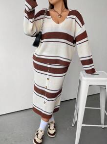 Flirla Plus Striped Pattern Drop Shoulder Sweater & Knit Skirt - Multicolor - View 1