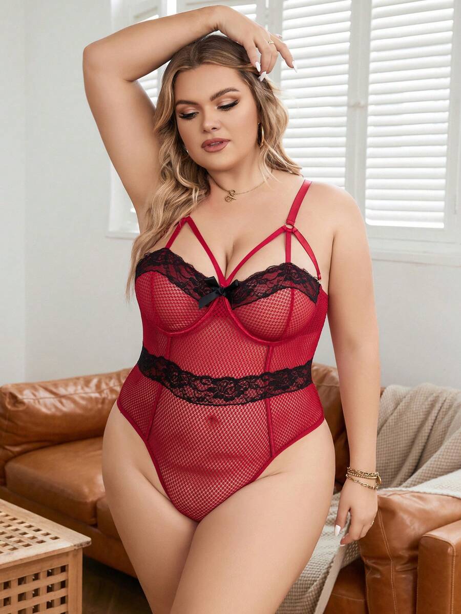 Plus Contrast Lace Mesh Harness Underwire Teddy Bodysuit - Burgundy - View 1