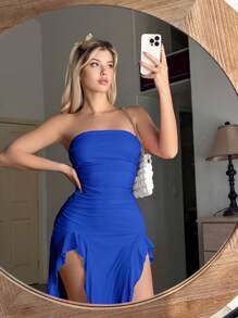 Sweetina Ruched Asymmetrical Hem Tube Dress - Royal Blue - View 4