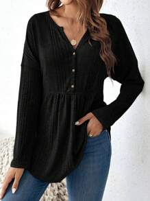 SHEIN LUNE 缺角領落肩荷葉邊T恤 - 黑色 - 查看 7