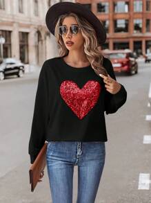 SHEIN Clasi Kim sa Hình trái tim Thả vai Áo nỉ Đen Áo - màu đen - Xem 5