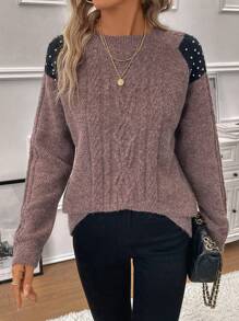 SHEIN Clasi Pearls Beaded Cable Knit Drop Shoulder Sweater - Coffee Brown - View 5