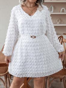 Celure 大碼素色毛茸茸洋裝不附腰帶 - 白色 - 查看 6