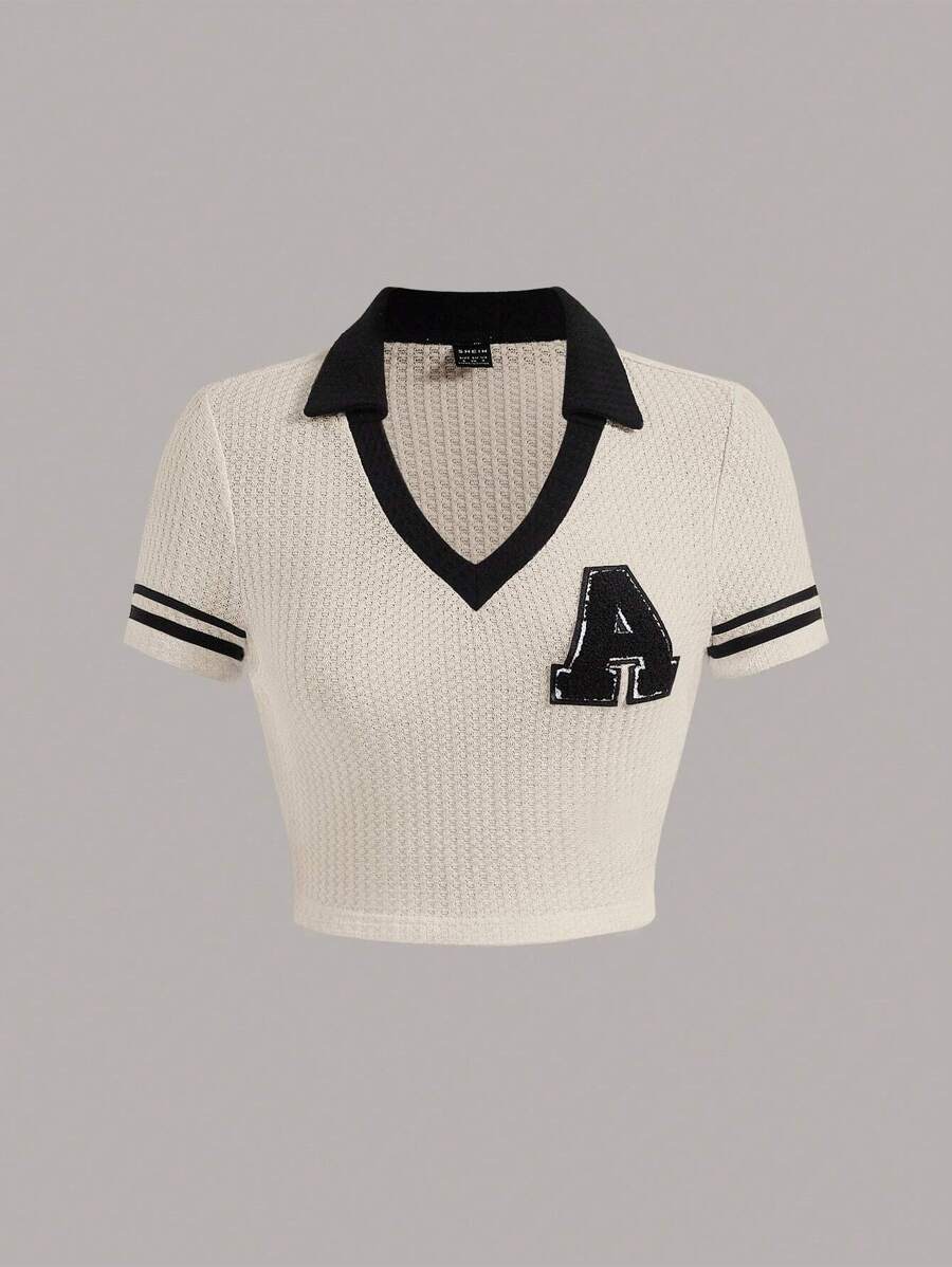 SHEIN MOD Áo thun cổ bẻ có miếng vá chữ Plus cho mùa hè - Màu be - Xem 1