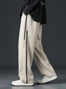 Men Contrast Tape Side Drawstring Waist Pants, For Fall - Apricot - View 4