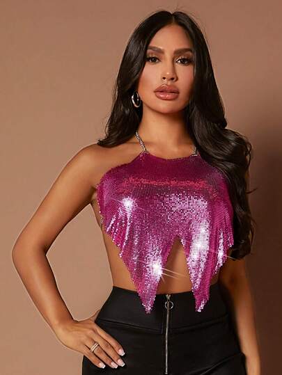 SHEIN SXY Mirror Asymmetrical Hem Backless Metallic Halter Top