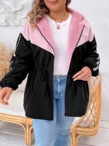 SHEIN LUNE Plus Letter Graphic Drawstring Waist Teddy Lined Hooded Jacket, For Winter Fall Autumn - Multicolor - View 1