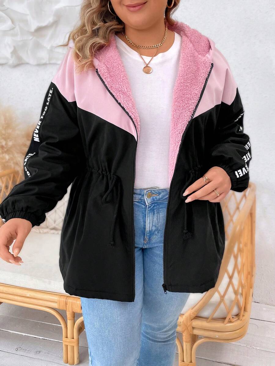 SHEIN LUNE Plus Letter Graphic Drawstring Waist Teddy Lined Hooded Jacket, For Winter Fall Autumn - Multicolor - View 1