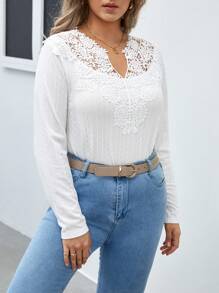 SHEIN Frenchy Plus Guipure Lace Insert Tee - White - View 1