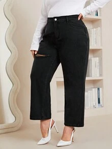 SHEIN LUNE Plus Ripped Straight Leg Jeans - Black - View 5