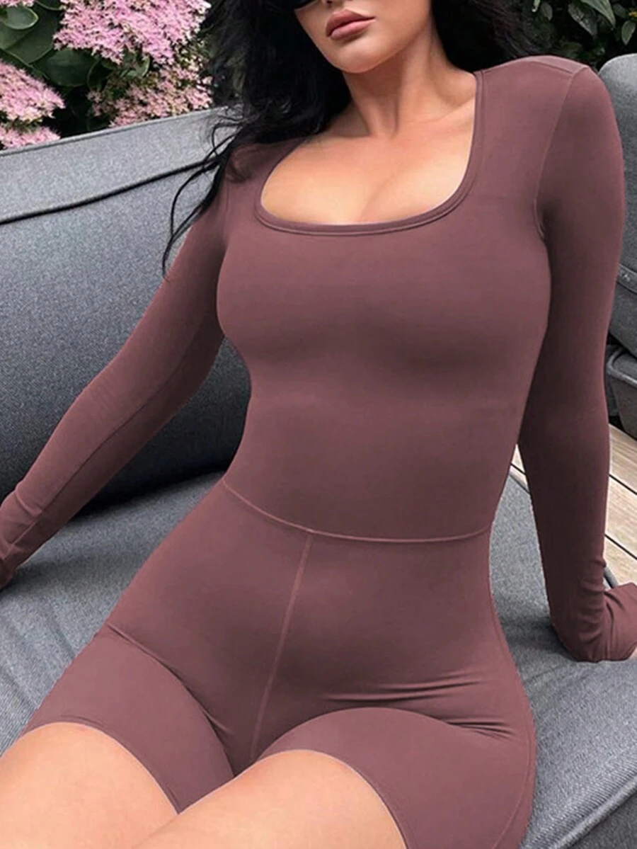 Solid Scoop Neck Unitard Romper