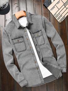 Manfinity Men Flap Pocket Denim Shirt Without Tee - Grey - View 1
