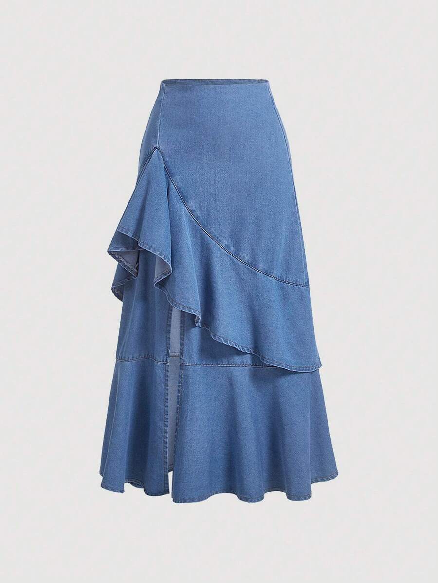 SHEIN Falda larga de mezclilla con volantes y abertura, estilo bohemio para adolescentes, ideal para el verano - Azul lavado medio - Ver 1