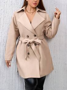 SHEIN Privé Plus Double Breasted Belted Overcoat - Brown - View 5