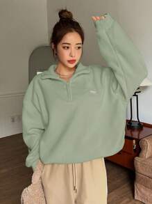 DAZY Letter Patched Half Zip Drop Shoulder Sweatshirt,Fall Women Clothes - Mint Green - View 5