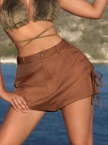 SHEIN SXY Drawstring Side Solid Skort - Brown - View 7