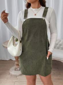 SHEIN CURVE+ Plus Patched Pocket Overall Dress Without Tee - Army Green - View 5
