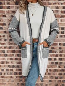 SHEIN LUNE Áo khoác cardigan trễ vai phối màu - Nhiều màu - Xem 3