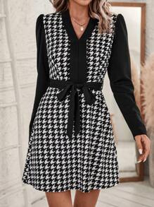 SHEIN Clasi Houndstooth Print Puff Sleeve Belted Dress - Black and White - View 6