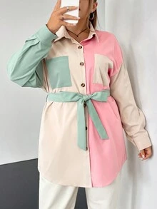 SHEIN EZwear 大碼撞色落肩袖腰帶襯衫 - 彩色 - 查看 5