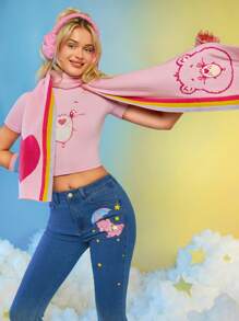 SHEIN X Care Bears Khăn ấm có sọc cầu vồng, thiết kế hình trái tim và chú gấu cho mùa đông - Màu Hồng baby - Xem 3
