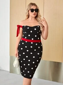 SHEIN Privé Plus Polka Dot Print Off Shoulder Dress - Black and White - View 4