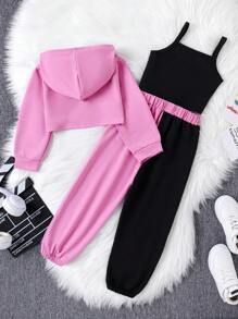 SHEIN 女童字母圖案連帽衫、運動褲和吊帶背心 - 粉色 - 查看 2