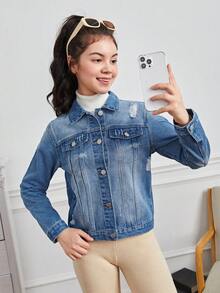 青少年女孩破洞翻蓋口袋牛仔夾克 - 中等水洗藍 - 查看 5