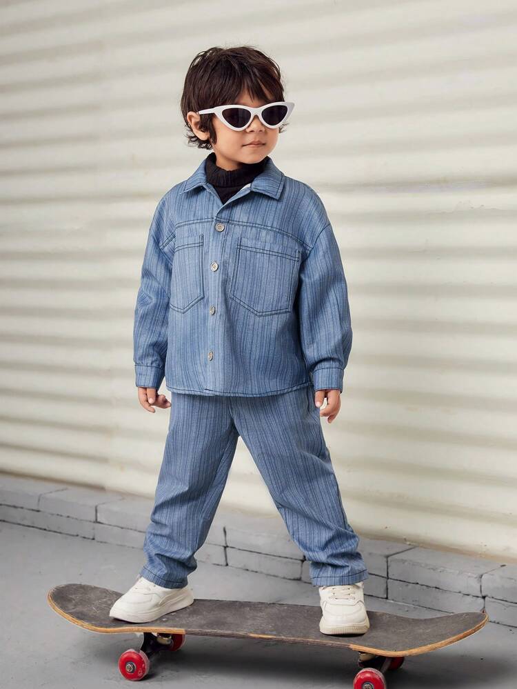 Young Boys Casual Loose Jeans Texture Lapel Jacket + Straight Pants Set, Thermal Lined, Thickened