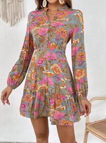 SHEIN VCAY Váy viền tay phồng in hoa - Nhiều màu - Xem 3