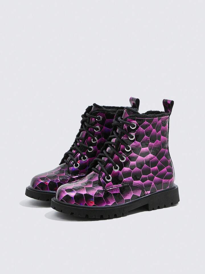 Fashionable Cool Street Style Warm Thermal Lined Girls Boots Purple With Black Pattern Flat Ankle Boots