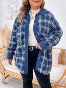 SHEIN LUNE Plus Plaid Pattern Drop Shoulder Teddy Coat - Multicolor - View 4