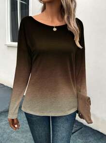 SHEIN LUNE Ombre Drop Shoulder Tee Graphic Tees Women Tops - Brown - View 4