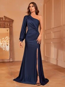 Faeriesty Luxury Asymmetric Shoulder Evening Gown With Dramatic Lantern Sleeve & Thigh-High Slit – Elegant Floor-Length Formal Dress Featuring Side Waist Twist, Flowing Silhouette For Galas, Red Carpet Events, Black-Tie Weddings, Award Ceremonies & Upscale Charity Galas | Structured Design, Timeless Elegance, Tailored Occasion Wear - Navy Blue - View 1