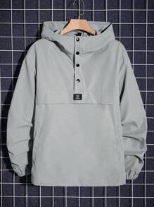 Manfinity BRENVOR Loose Fit Men Long Sleeve Letter Patched Half Button Hooded Jacket, Fall